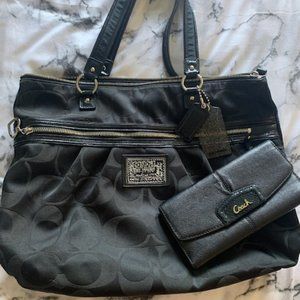 Black Coach Poppy Signature Tote and Wallet